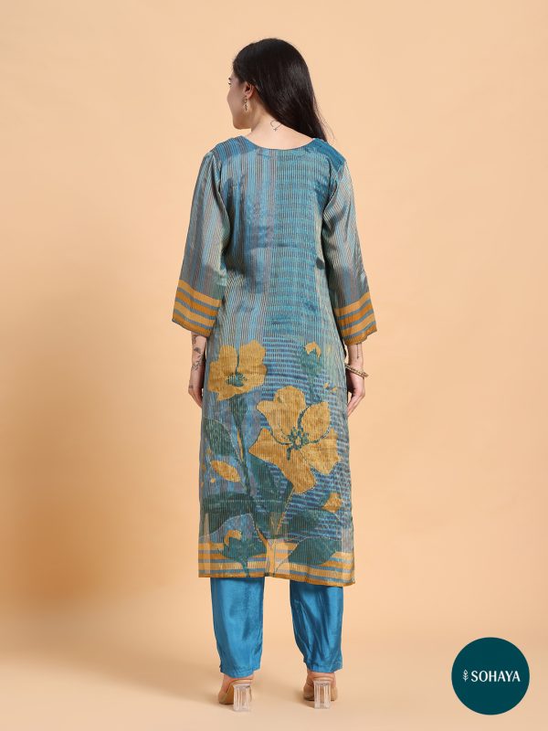 Rooh Blue Gold Embroidered Printed suit Set Teal