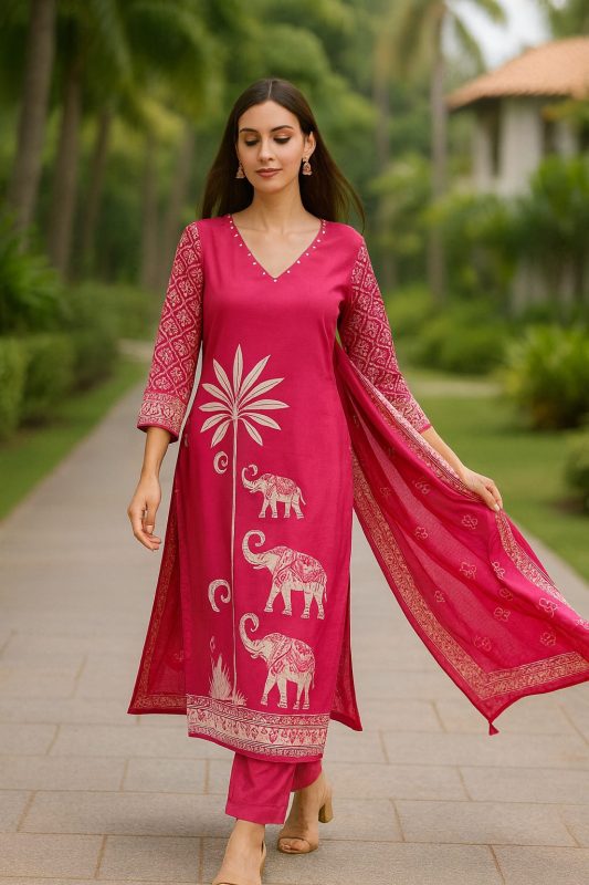 Suhana Block Print Embroidered Suit Set Rani Pink