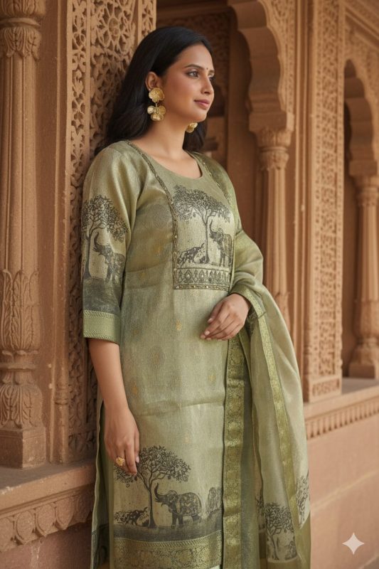 Jannat Block Print Party wear Suit Set Olive Green