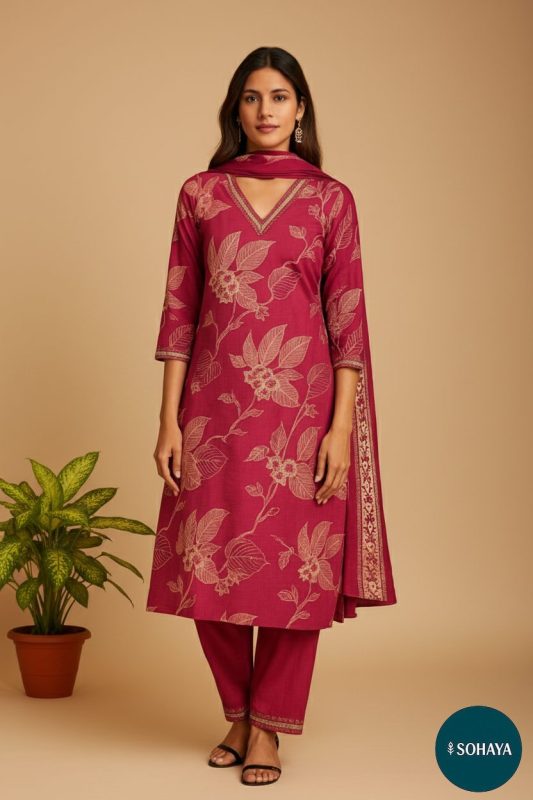 Koyal Floral Print Cotton Suit set Rani Pink