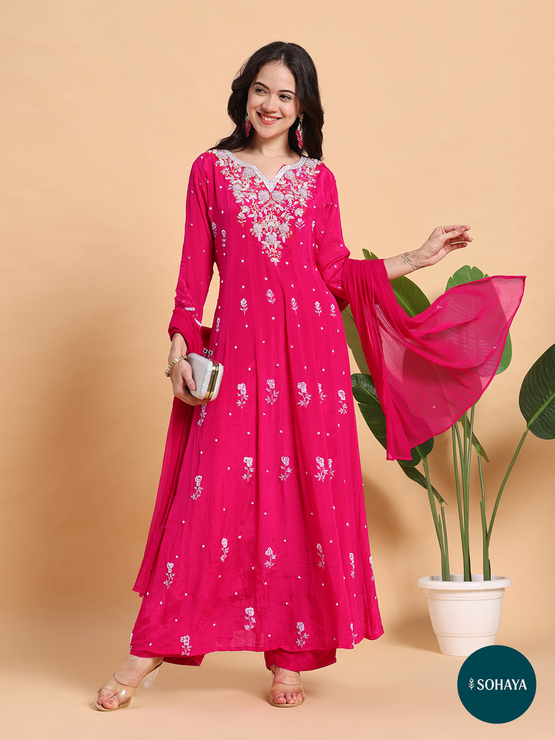 Alia Hand Embroidered Anarkali Suit Set Rani Pink