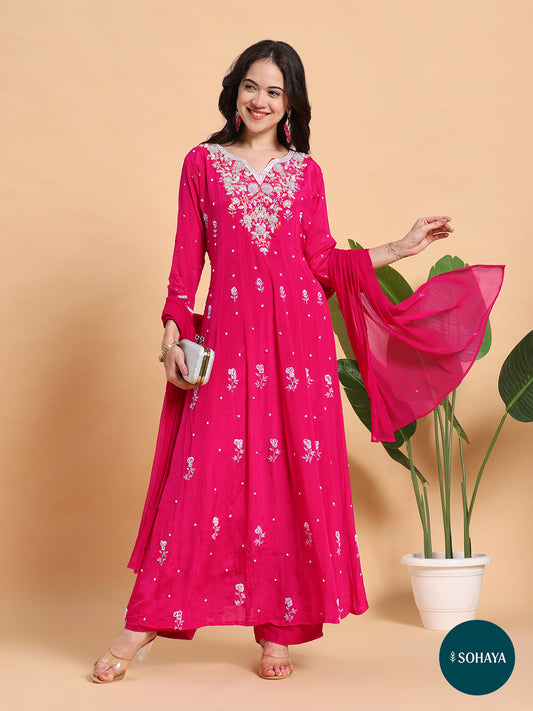 Alia Hand Embroidered Anarkali Suit Set Rani Pink