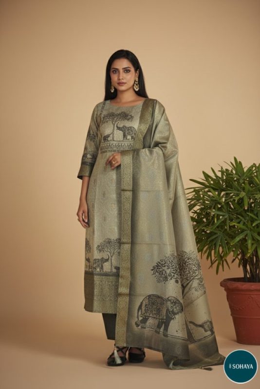 Jannat Block Print Party wear Suit Set Olive Green