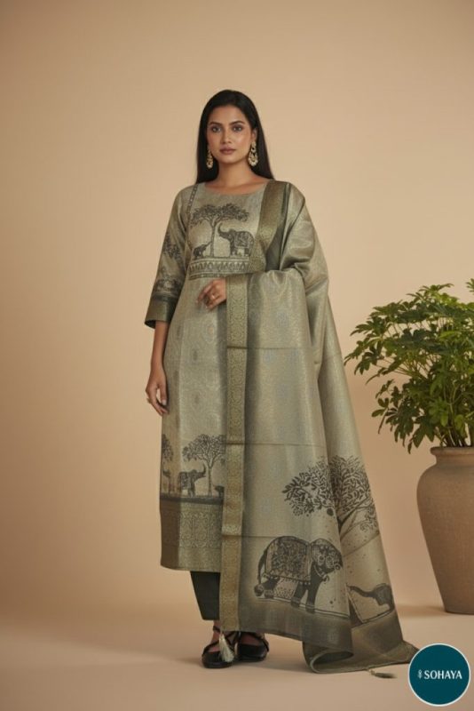 Jannat Block Print Party wear Suit Set Olive Green