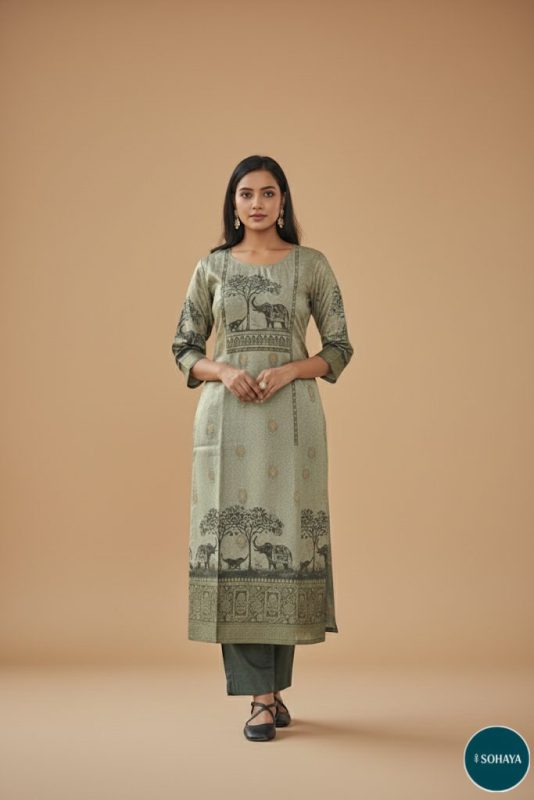 Jannat Block Print Party wear Suit Set Olive Green