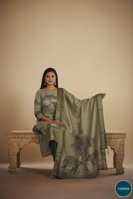 Jannat Block Print Party wear Suit Set Olive Green