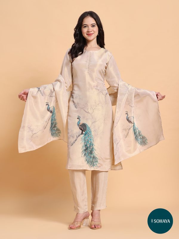 Anaya Peackock Print Floral Suit Set Beige