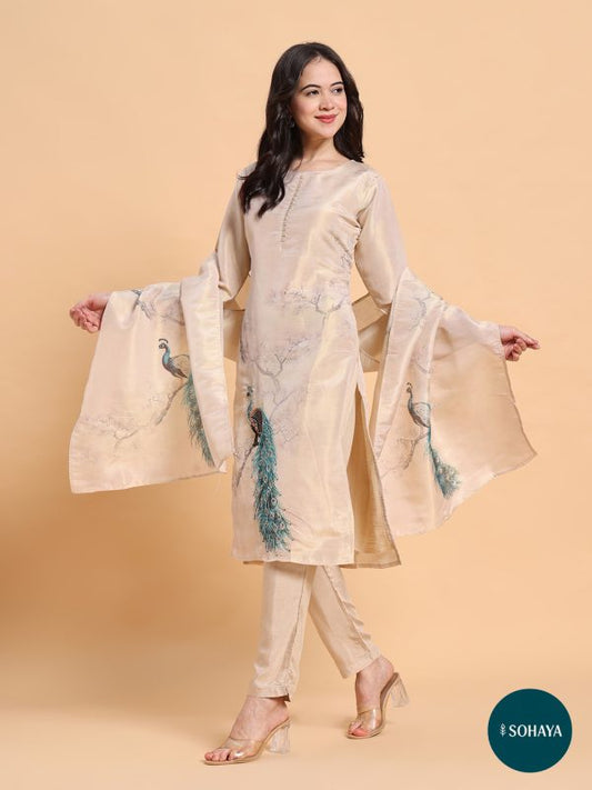Anaya Peackock Print Floral Suit Set Beige