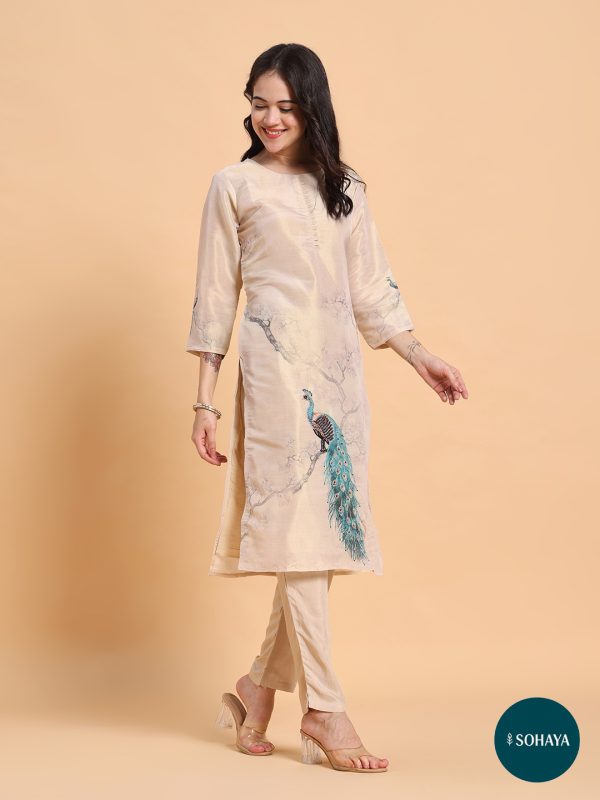 Anaya Peackock Print Floral Suit Set Beige