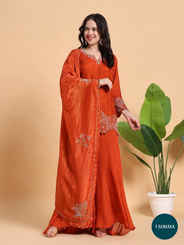 Sehnai Rust Emroidered Three Piece Set Rust