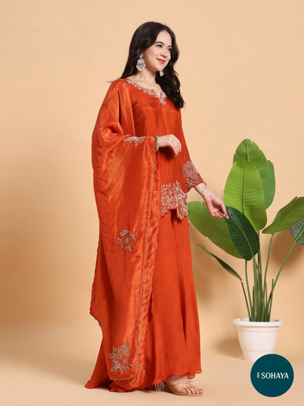 Sehnai Rust Emroidered Three Piece Set Rust