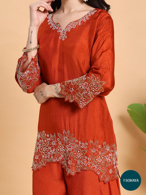 Sehnai Rust Emroidered Three Piece Set Rust