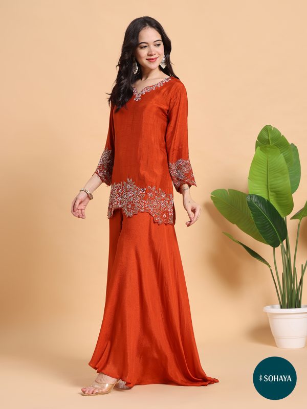Sehnai Rust Emroidered Three Piece Set Rust