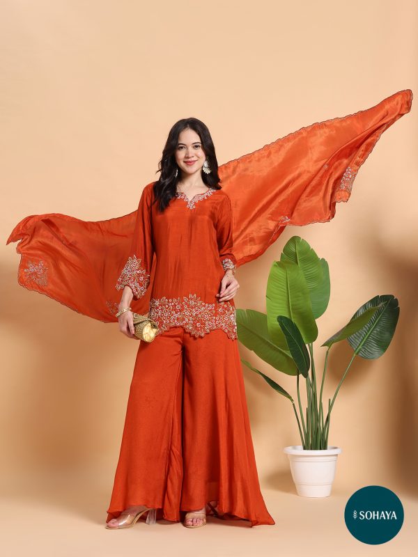 Sehnai Rust Emroidered Three Piece Set Rust