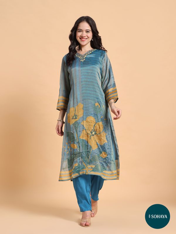 Rooh Blue Gold Embroidered Printed suit Set Teal