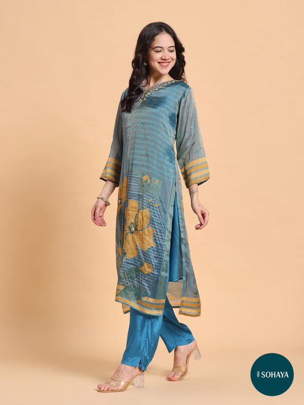 Rooh Blue Gold Embroidered Printed suit Set Teal