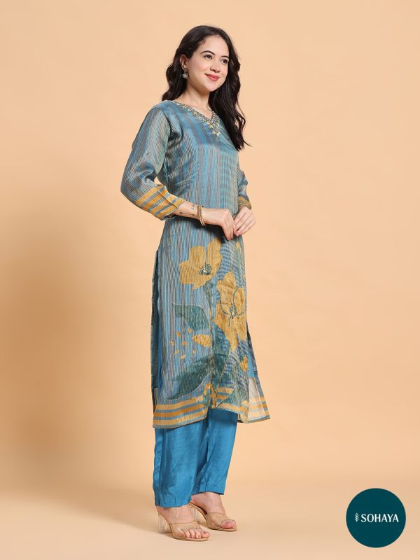 Rooh Blue Gold Embroidered Printed suit Set Teal