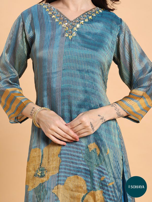 Rooh Blue Gold Embroidered Printed suit Set Teal