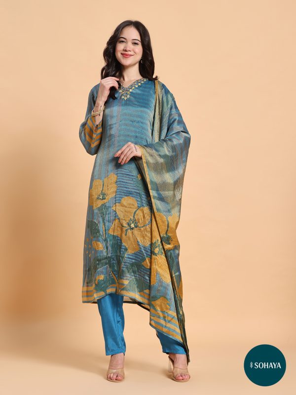 Rooh Blue Gold Embroidered Printed suit Set Teal