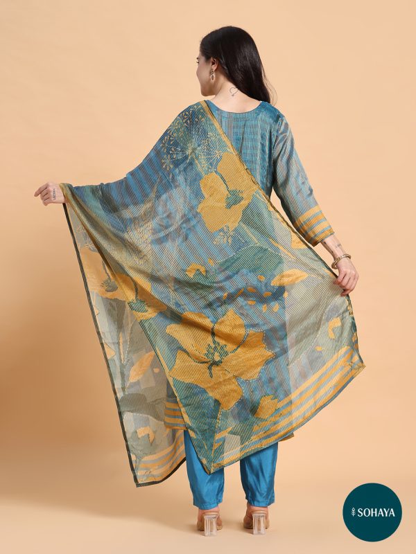 Rooh Blue Gold Embroidered Printed suit Set Teal