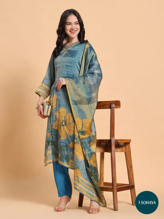 Rooh Blue Gold Embroidered Printed suit Set Teal