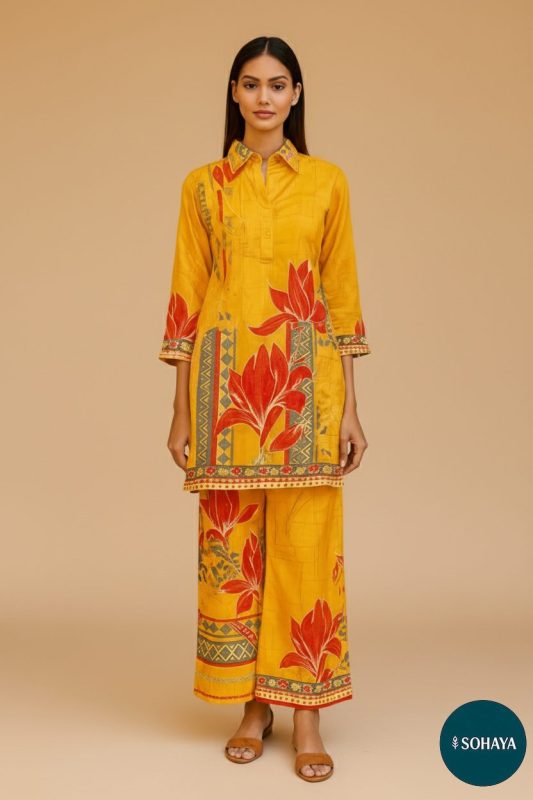 Apsara Flower Print Coord Set Yellow