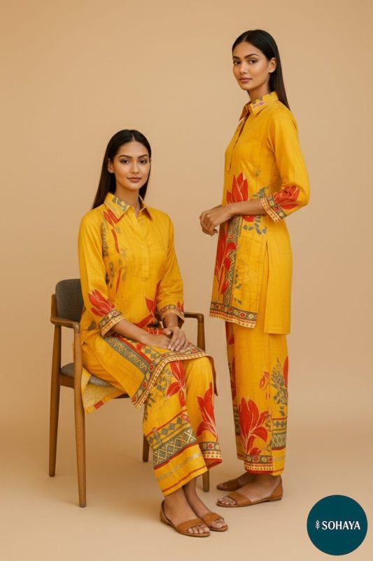 Apsara Flower Print Coord Set Yellow