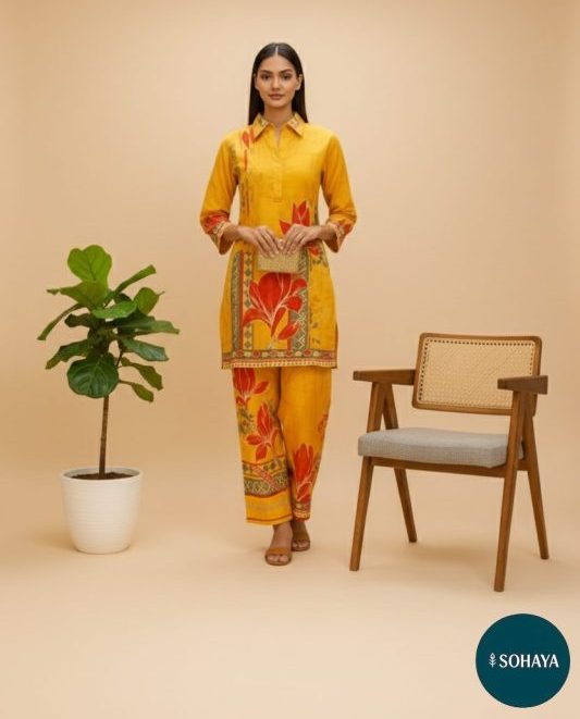 Apsara Flower Print Coord Set Yellow