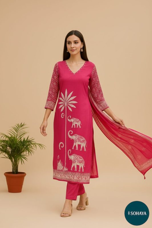 Suhana Block Print Embroidered Suit Set Rani Pink