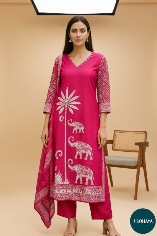 Suhana Block Print Embroidered Suit Set Rani Pink