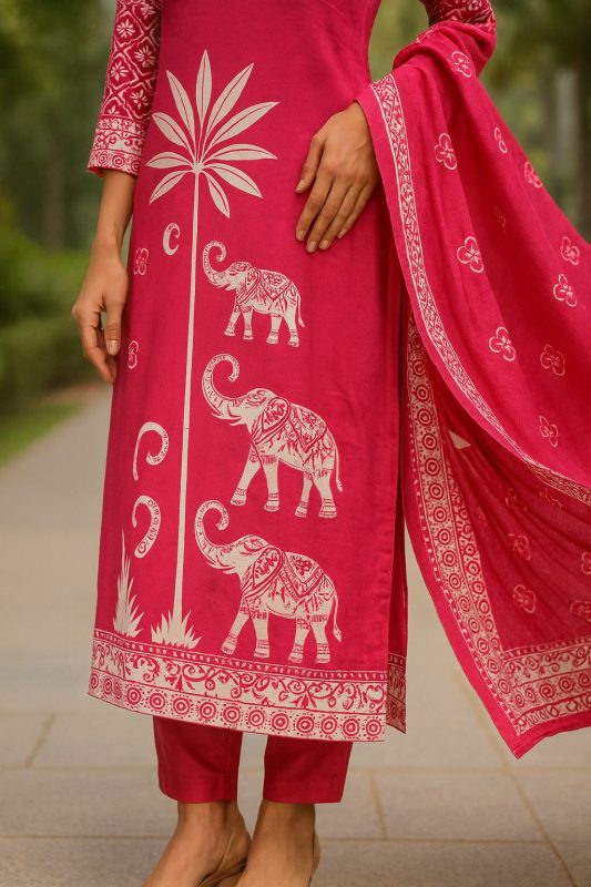 Suhana Block Print Embroidered Suit Set Rani Pink
