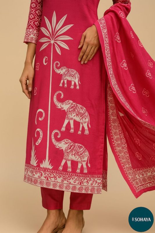 Suhana Block Print Embroidered Suit Set Rani Pink