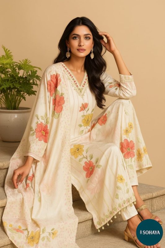 Sohaya Floral Printed Designer Suit Set Ivory
