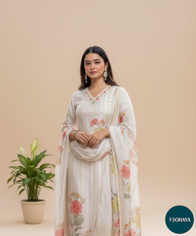 Sohaya Floral Printed Designer Suit Set Ivory