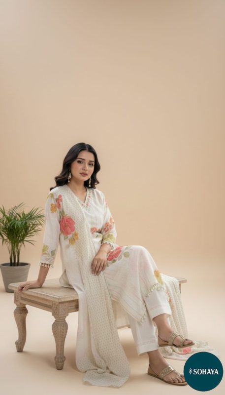 Sohaya Floral Printed Designer Suit Set Ivory