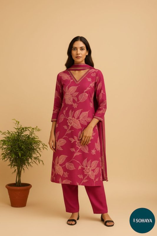 Koyal Floral Print Cotton Suit set Rani Pink
