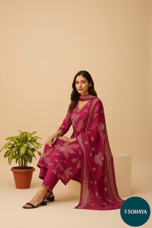 Koyal Floral Print Cotton Suit set Rani Pink
