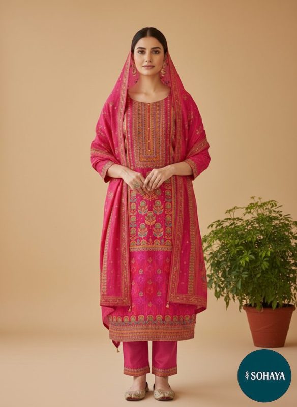 Navya Zari Weaving Banarsi Three Piece Set Magenta
