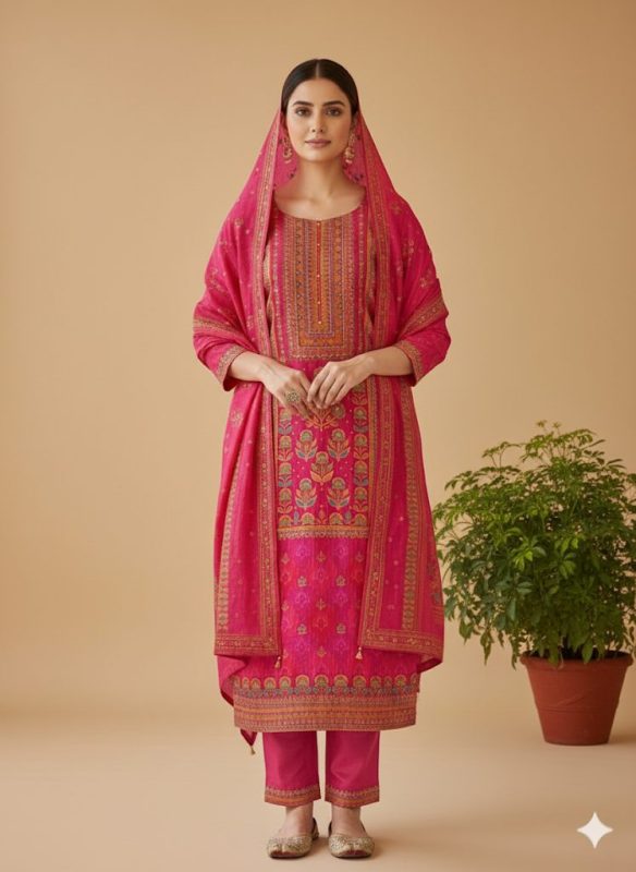 Navya Zari Weaving Banarsi Three Piece Set Magenta