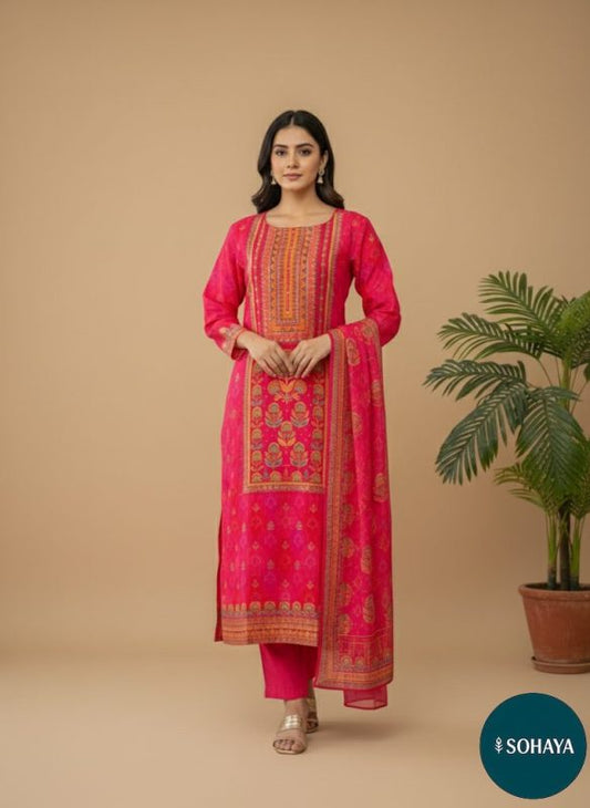 Navya Zari Weaving Banarsi Three Piece Set Magenta