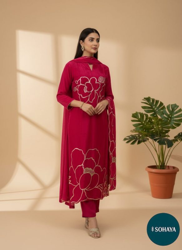 Mumtaz Gotta Patti Emroidered Suit Set Rani Pink