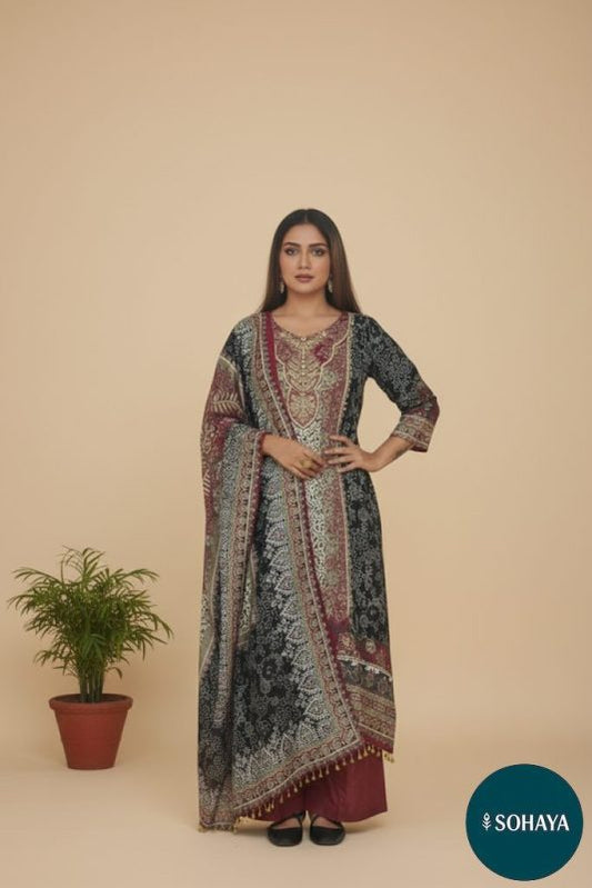 Amayra Pakistani Print Upside Down Suit Set Black