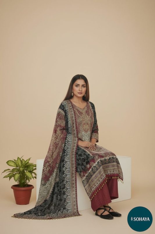 Amayra Pakistani Print Upside Down Suit Set Black