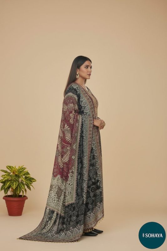 Amayra Pakistani Print Upside Down Suit Set Black