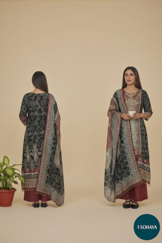 Amayra Pakistani Print Upside Down Suit Set Black